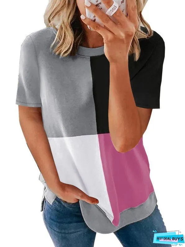 Casual Colorblock Top Crew Neck T Blood