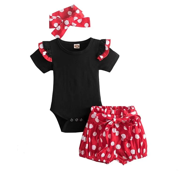 Baby Summer Romper + Dots Shorts Pants Cotton Kids Clothes Sets 3pcs Baby Girl Mouse Pattern Cartoon Clothes With Cute Headband