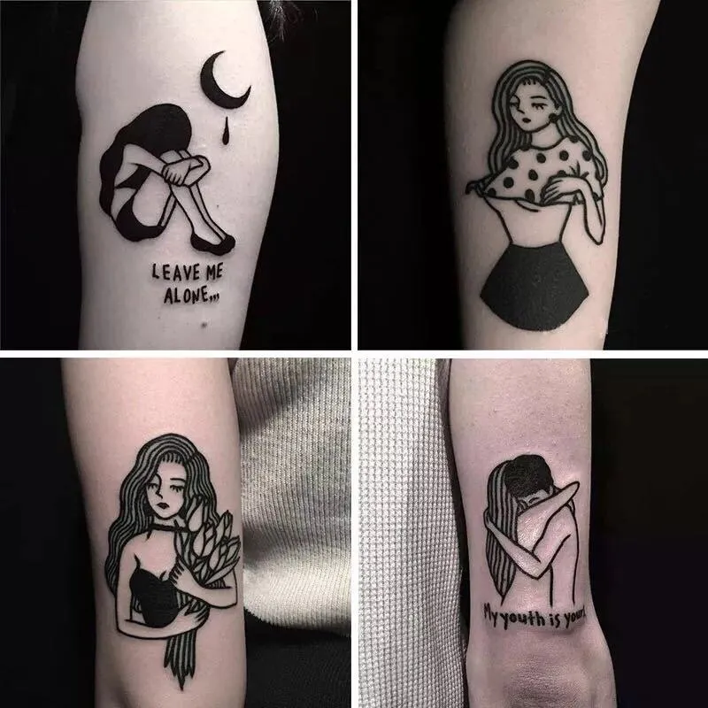 100pcs/Set No Repeat Dark Style Temporary Tattoo Waterproof Black Girl Pattern Body Art Stickers Disposable tatouage temporaire