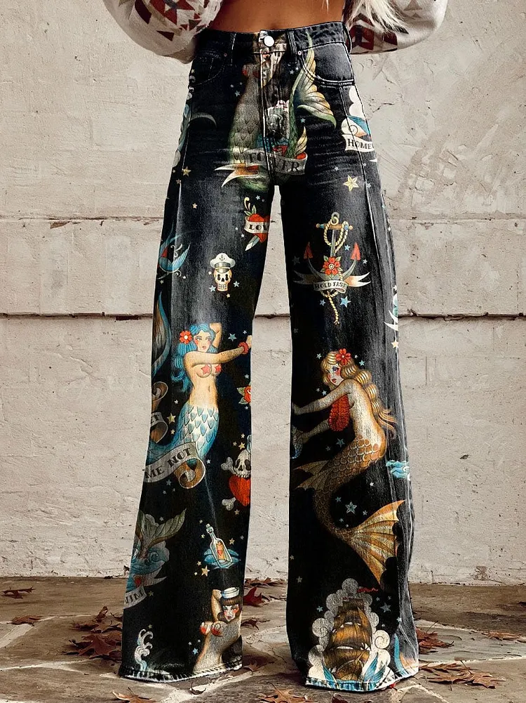 Women's Vintage Mermaid Print Casual Wide Leg Pants