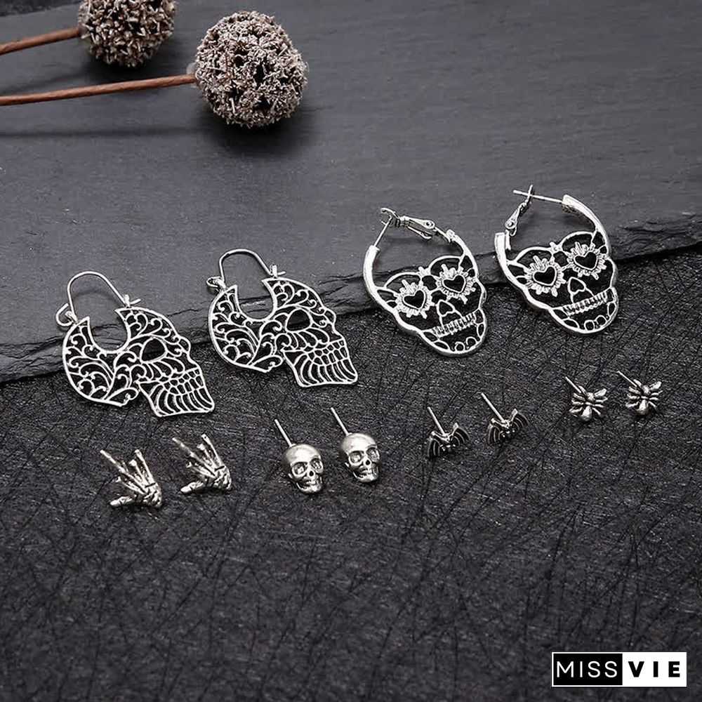6 Pairs Skull Spider Bat Design Stud Earrings