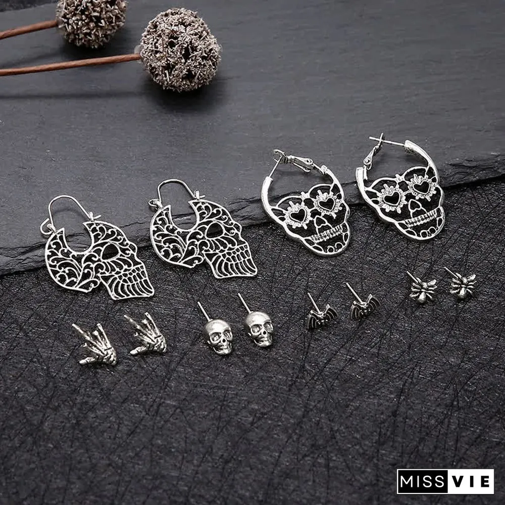 6 Pairs Skull Spider Bat Design Stud Earrings