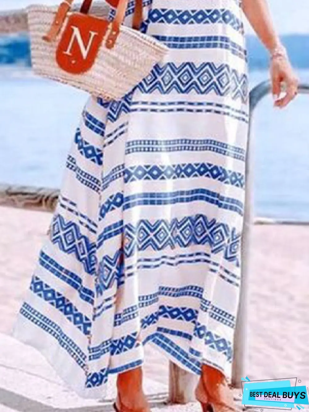 Casual Geometric Crew Neck Loose Sleeveless Dress
