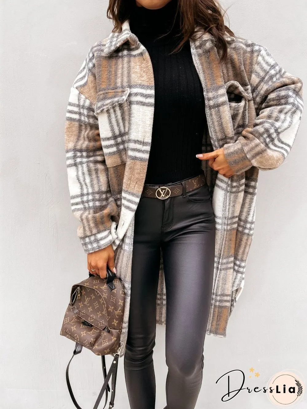 Autumn Winter Long Sleeve Plaid Print Coat