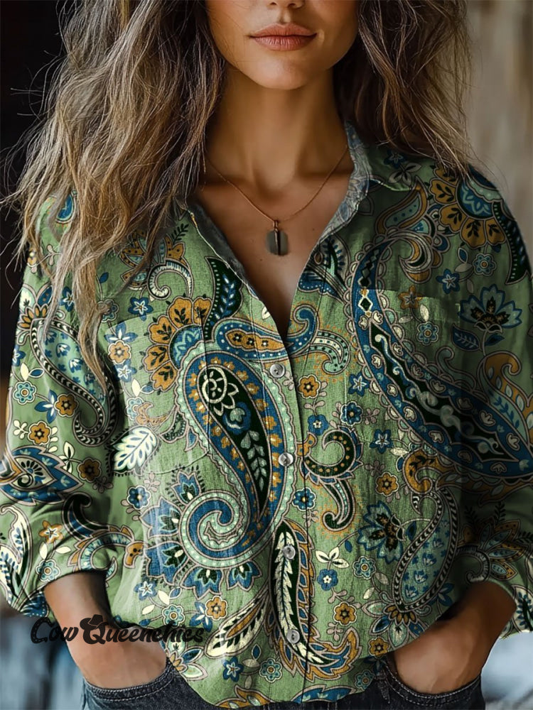Women&rsquo;s Paisley Pattern Art Print Casual Long Sleeve Comfortable Cotton Shirt Multicolor / S