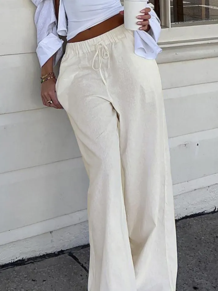Brownm Basic Solid Color Drawstring Straight Leg Pants