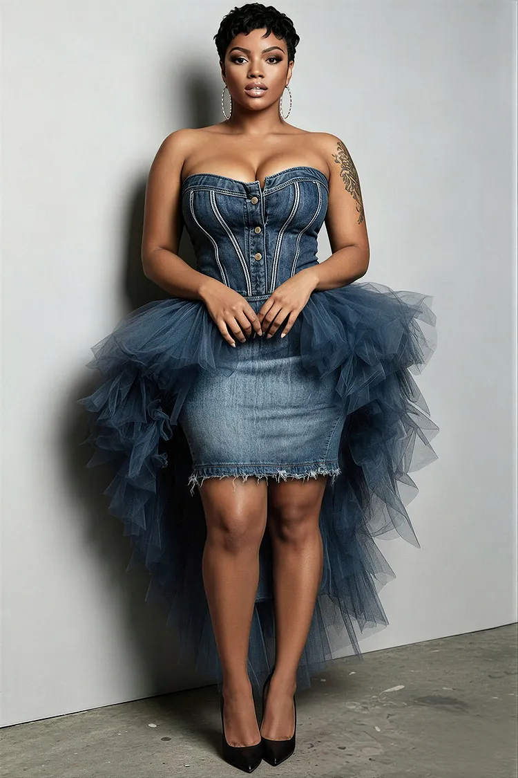 Xpluswear Design Plus Size Party Tulle Blue Shirt Collar Short Sleeve Contrast Tencel Denim Mini Dresses [Pre-Order] 2024 - Xpluswear