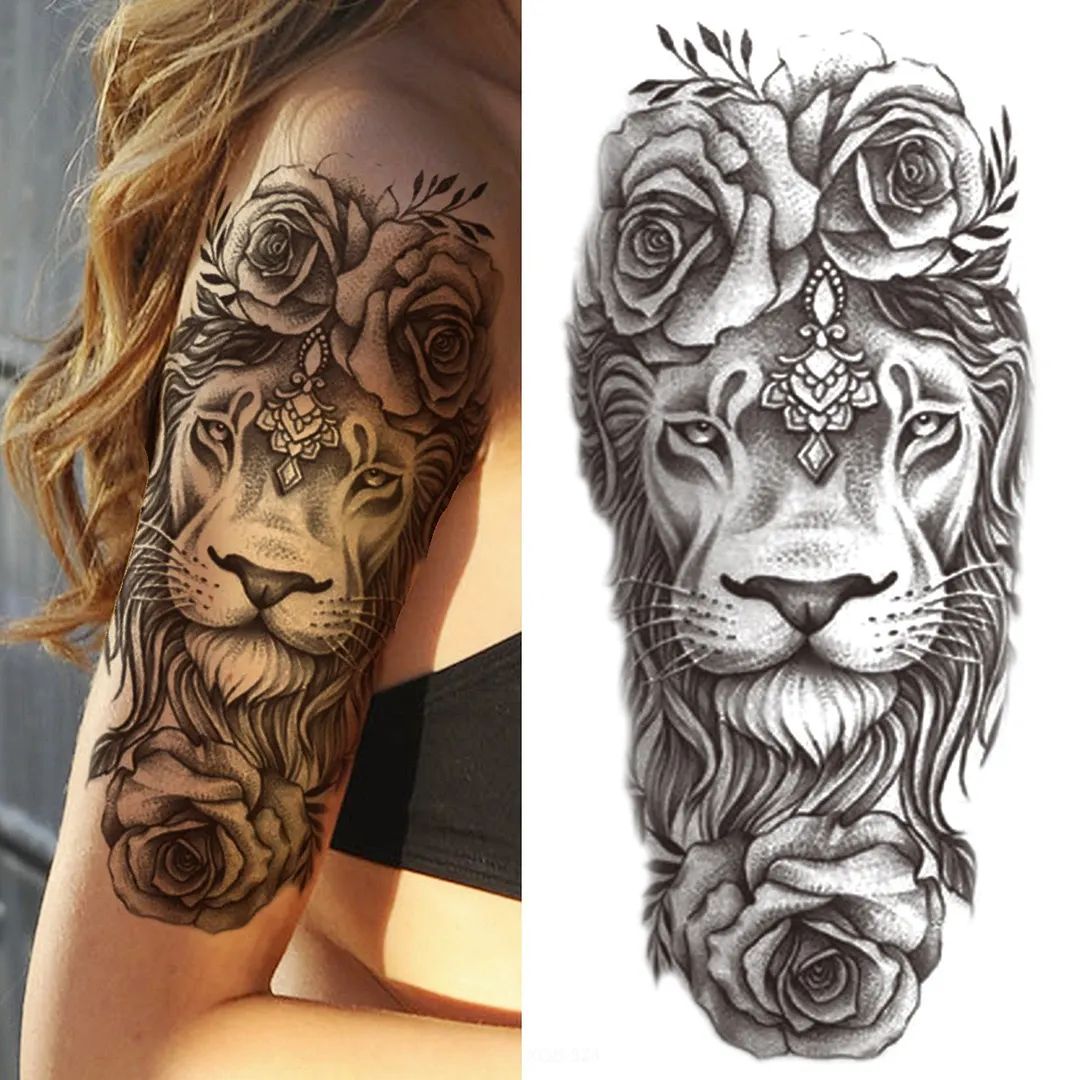 Sexy Rose Lion Flower Temporary Tattoos For Women Men Kids Boys Realistic Fake Wolf Tattoo Sticker Black Cross Compass Tatoos 1108-1