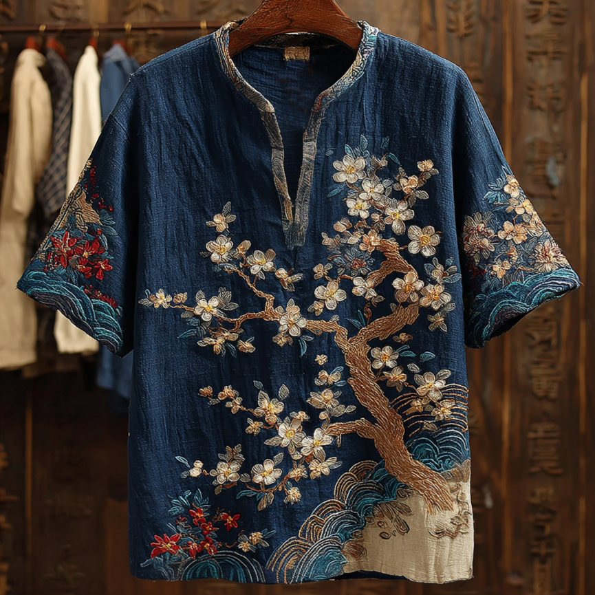 Japanese Cherry Blossom Waves Embroidered Linen Shirt