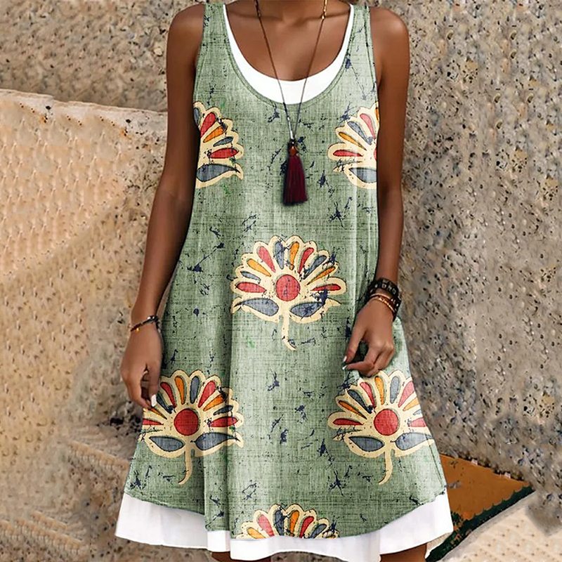 Women's Vacation Loose Splicing Hippie Vibe Green Flower Art Sleeveless Cotton And Linen Midi Dress artswardrobe