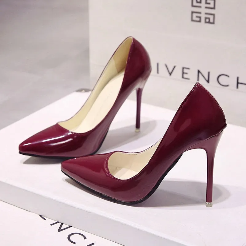 Women Shoes Pointed Toe Pumps Patent Leather Dress High Heels Boat Shoes Wedding Shoes Zapatos Mujer White Blue Red