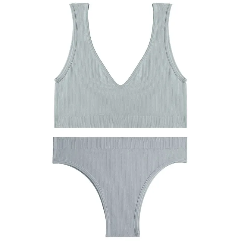 FINETOO Women Seamless Bra Set Deep V Tops Low-Rise Brazilian Panties Ladies Backless Top Soft Underwear Suit Female Lingerie