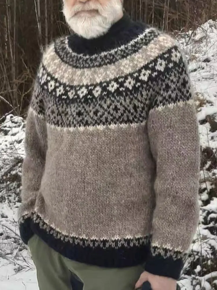 Vintage Warmth Knit Jacquard Icelandic Crew Neck Sweater