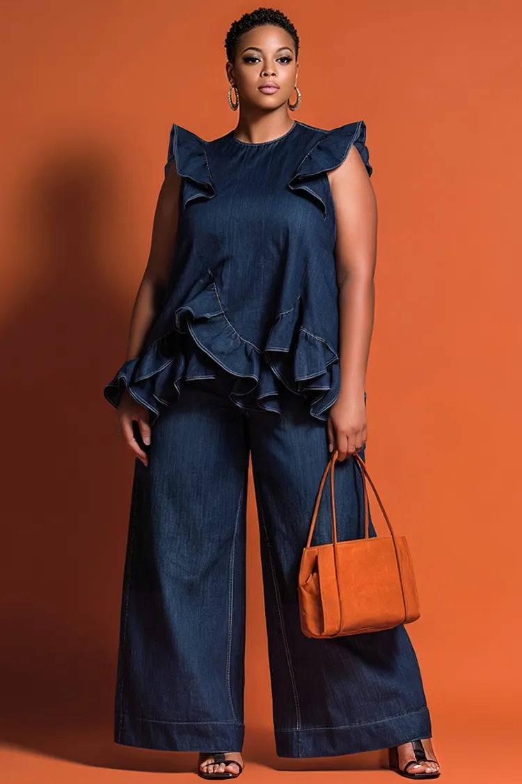 Xpluswear Design Plus Size Business Casual Casual Blue Round Neck Ruffle Wide Leg Tencel Denim Two Piece Pant Sets [Pre-Order] 2024 - Xpluswear