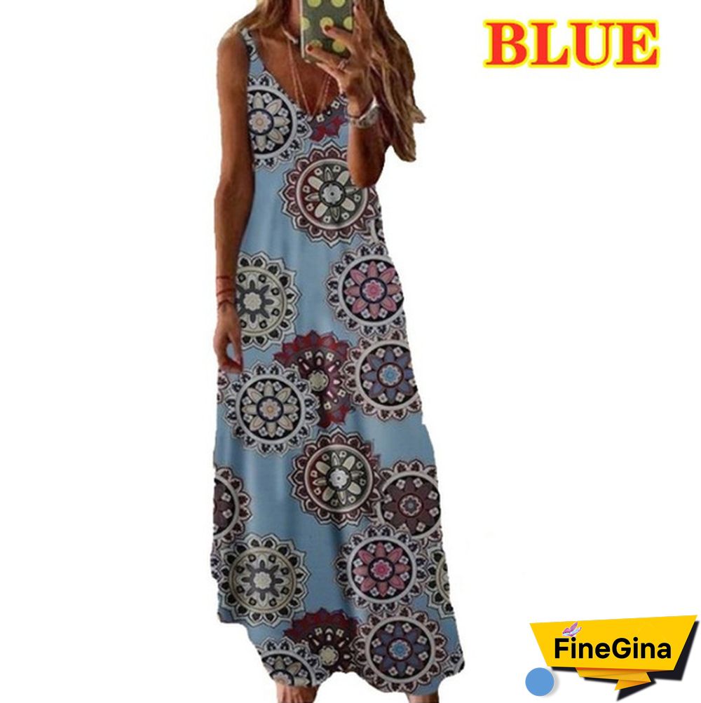 S-8XL Plus Size Vrouwen Maxi Jurk Zomer Casual Sexy Boho Gedrukt Lange Jurk Mouwloze V-hals Kleding Jurk Losse Vestido