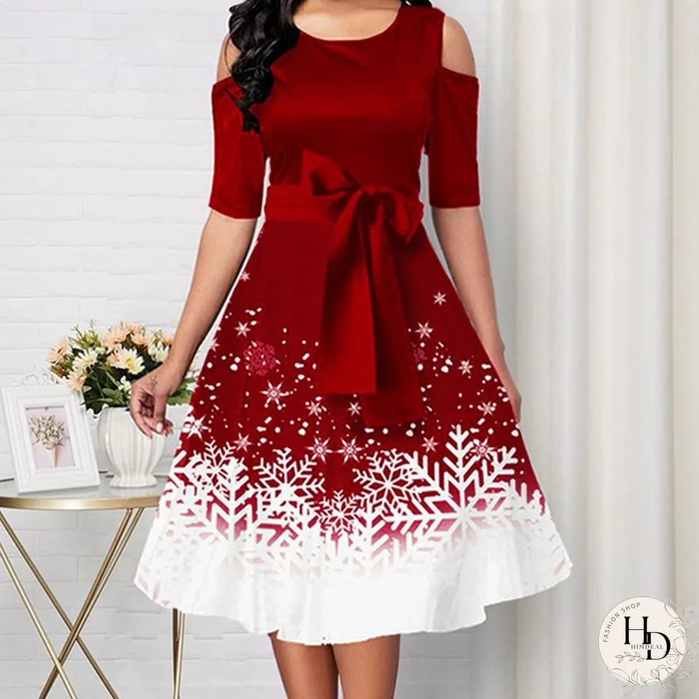 New Arrival Women Belted Snowflake Print Cold Shoulder Round Neck Elegant Dress Plus Size Fashion Christmas Party Dress S-5Xl