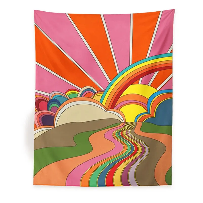 70's Girly Rainbow and Floral Tapestry Wall Hanging 70's Sunset and Flowers Tapestry Decor Living Room Bedroom Bohemian Print