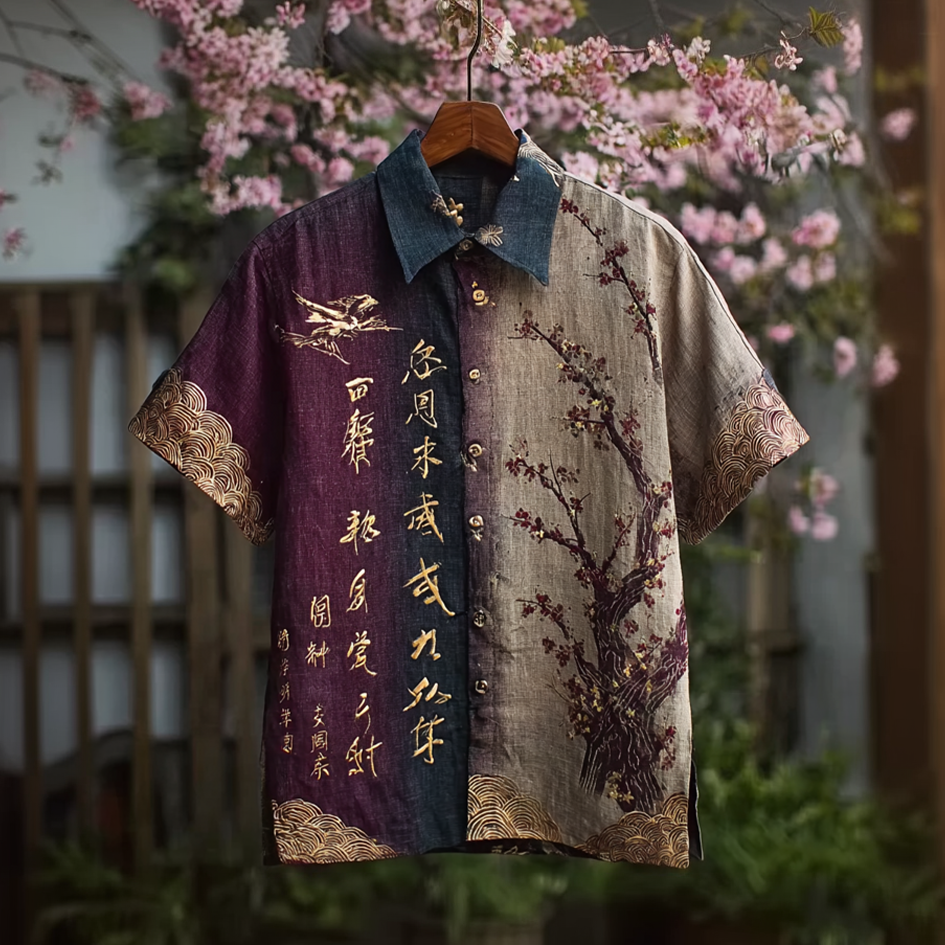 Comstylish Japanese Art Retro Pattern Clash Color Design Men's Casual Linen Shirt