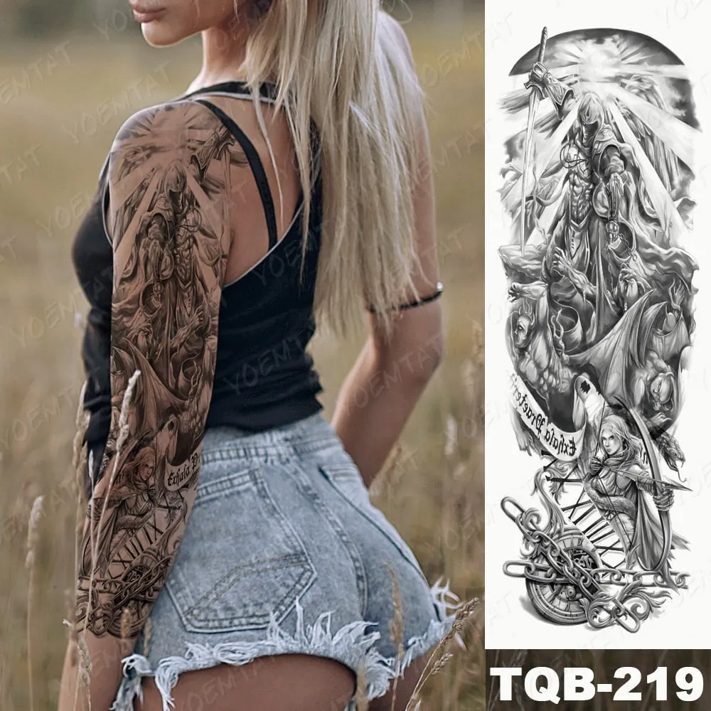 Large Arm Sleeve Tattoo Bird Crow Forest Moon Waterproof Temporary Tatto Sticker Lion Wolf Clock Body Art Full Fake Tatoo Men