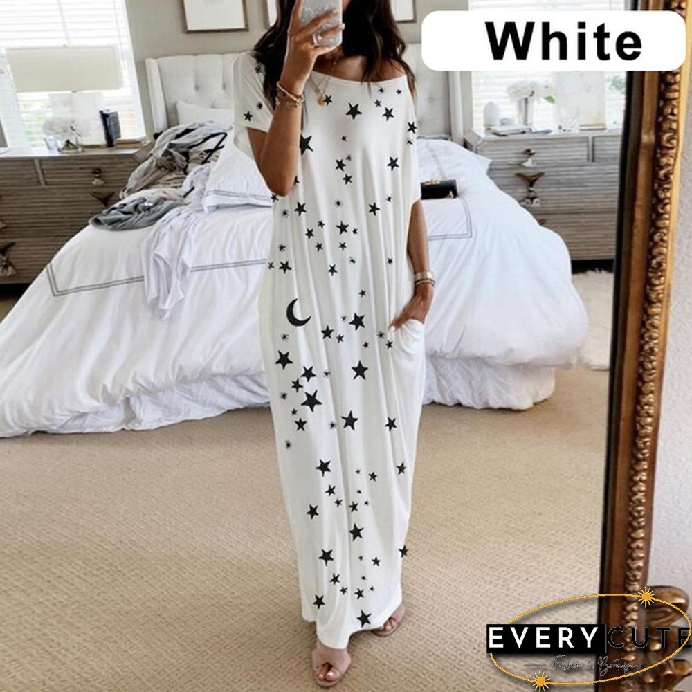 Plus Size Xs-5Xl Women Loose Casual Short Sleeve Moon Stars Print Maxi Dress Home Clothes Soft Long Dresses Homeware Vestidos Casuales