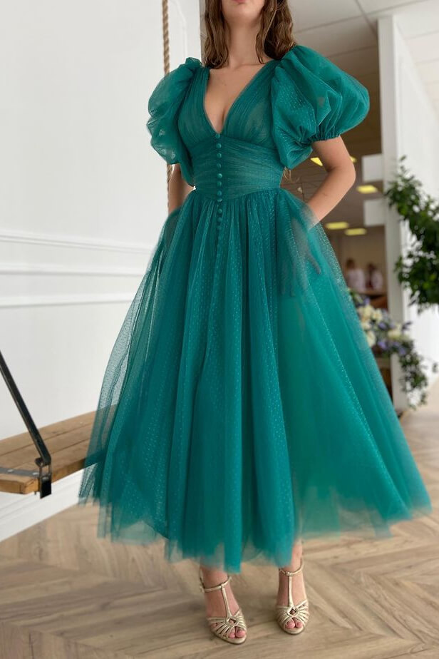 Lussooy Dark Green V-Neck Evening Dress A-line With Short Sleeves On Sale 