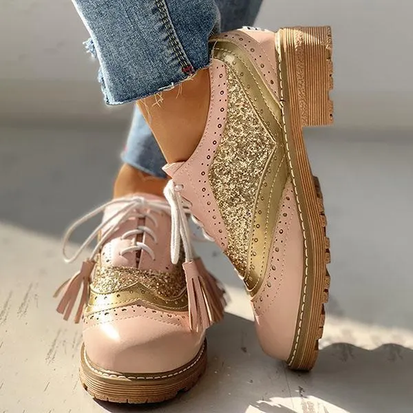 Lace-Up Sequins Insert Chunky Heeled Boots
