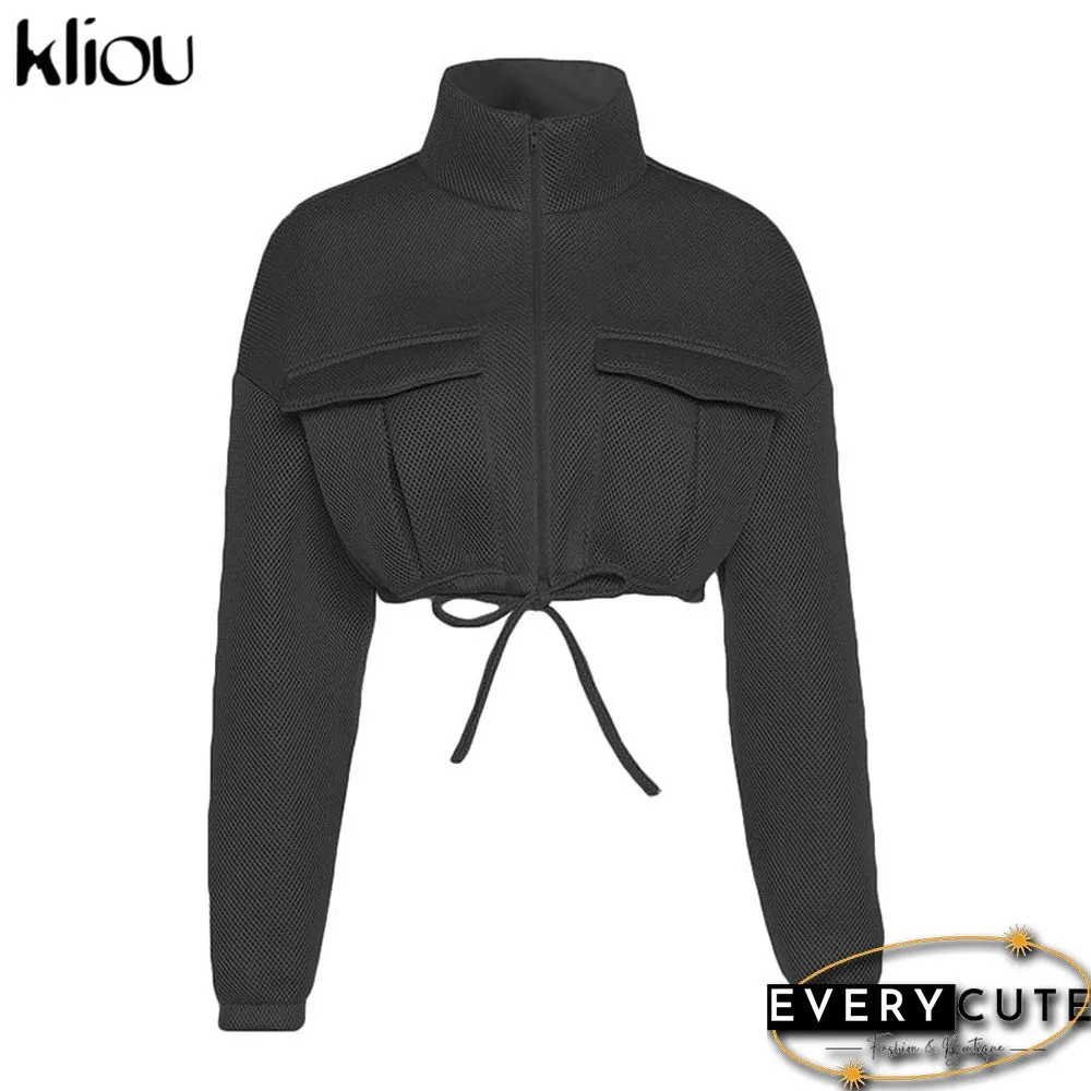 Kliou Mesh Plaid Autumn Spring Coat Women Trend Turtleneck Zipper Pocket Crop Jacket Solid Slim Drawstring Female Outerwear Hot