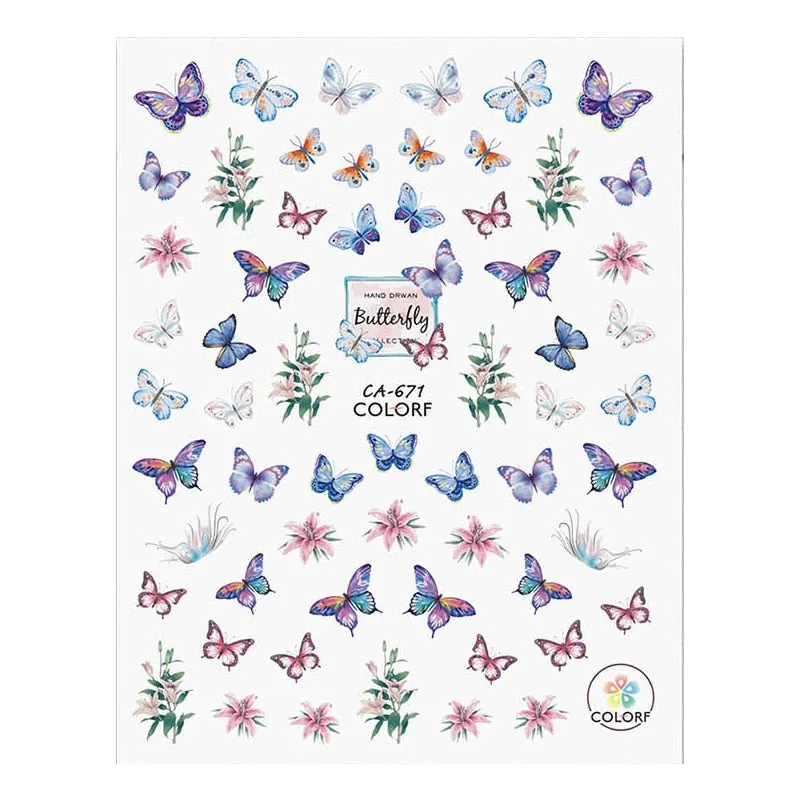1pc Holographic Blue Nail Stickers Pink Colorful Butterfly Art Sticker With Adhesive DIY Extension Flowers Rose Nail Decoration-Nail Inspo