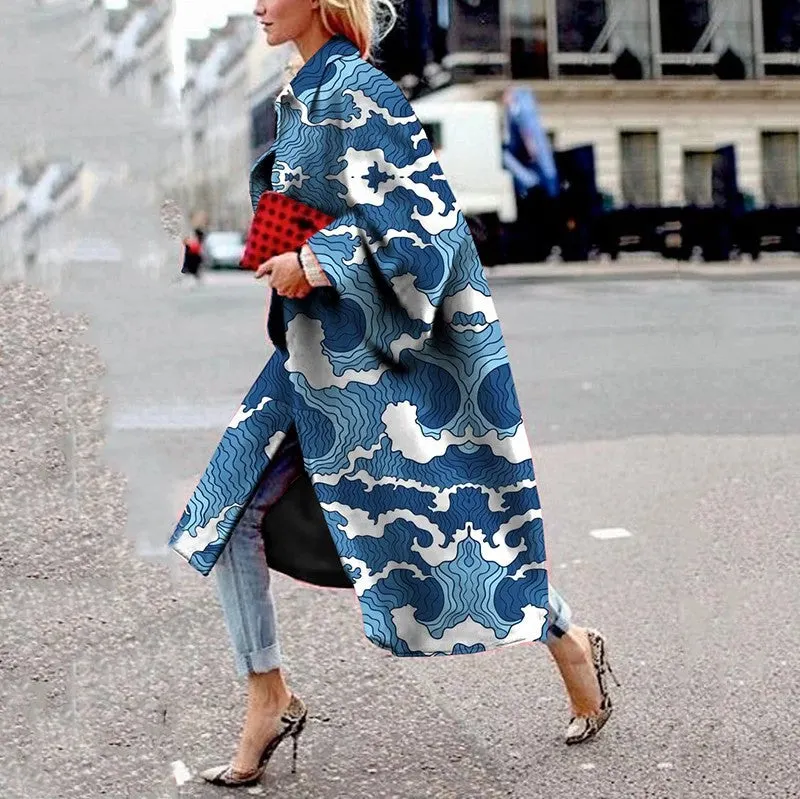 Brownm Long Flared Sleeves Printed Loose Coats