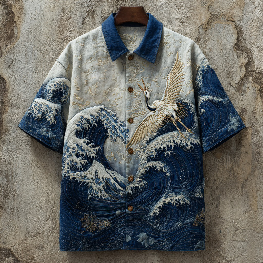 Retro Cranes And Huge Waves Embroidered Gradient Linen Shirt