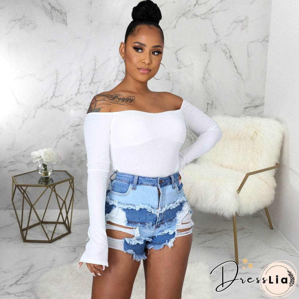 Summer Sexy Patchwork Women Ripped High Waist Holes Stretch Streetwear Plus Size Denim Shorts