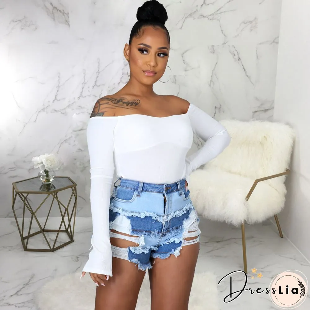 Summer Sexy Patchwork Women Ripped High Waist Holes Stretch Streetwear Plus Size Denim Shorts
