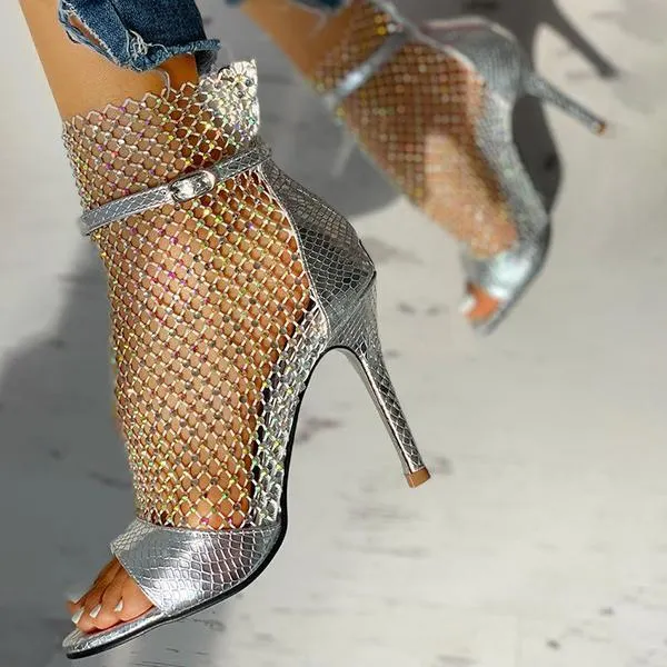 Studded Grid Mesh Open Toe Thin Heels
