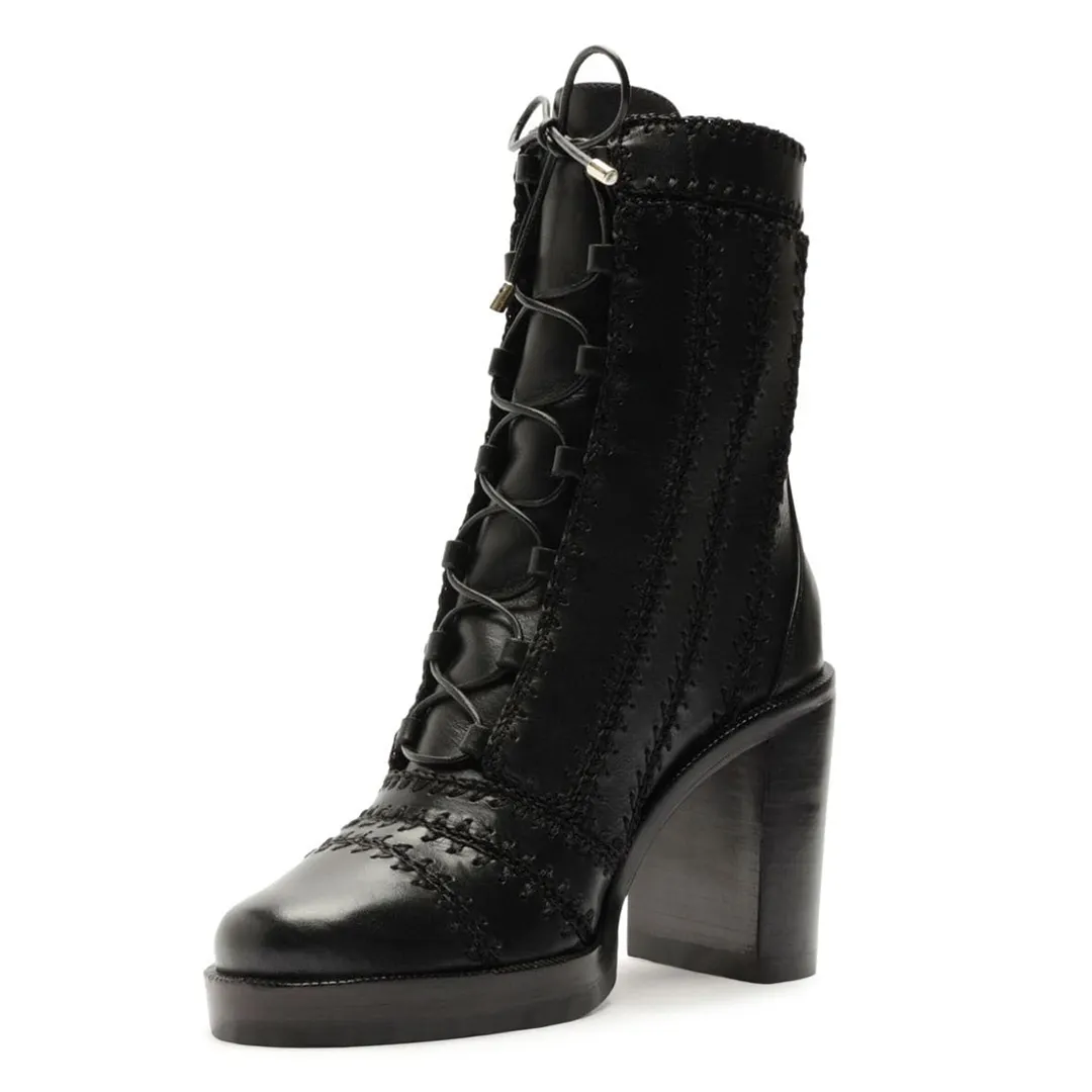 Vegan Leather Almond Toe Stitched Lace-Up Ankle Booties in Black