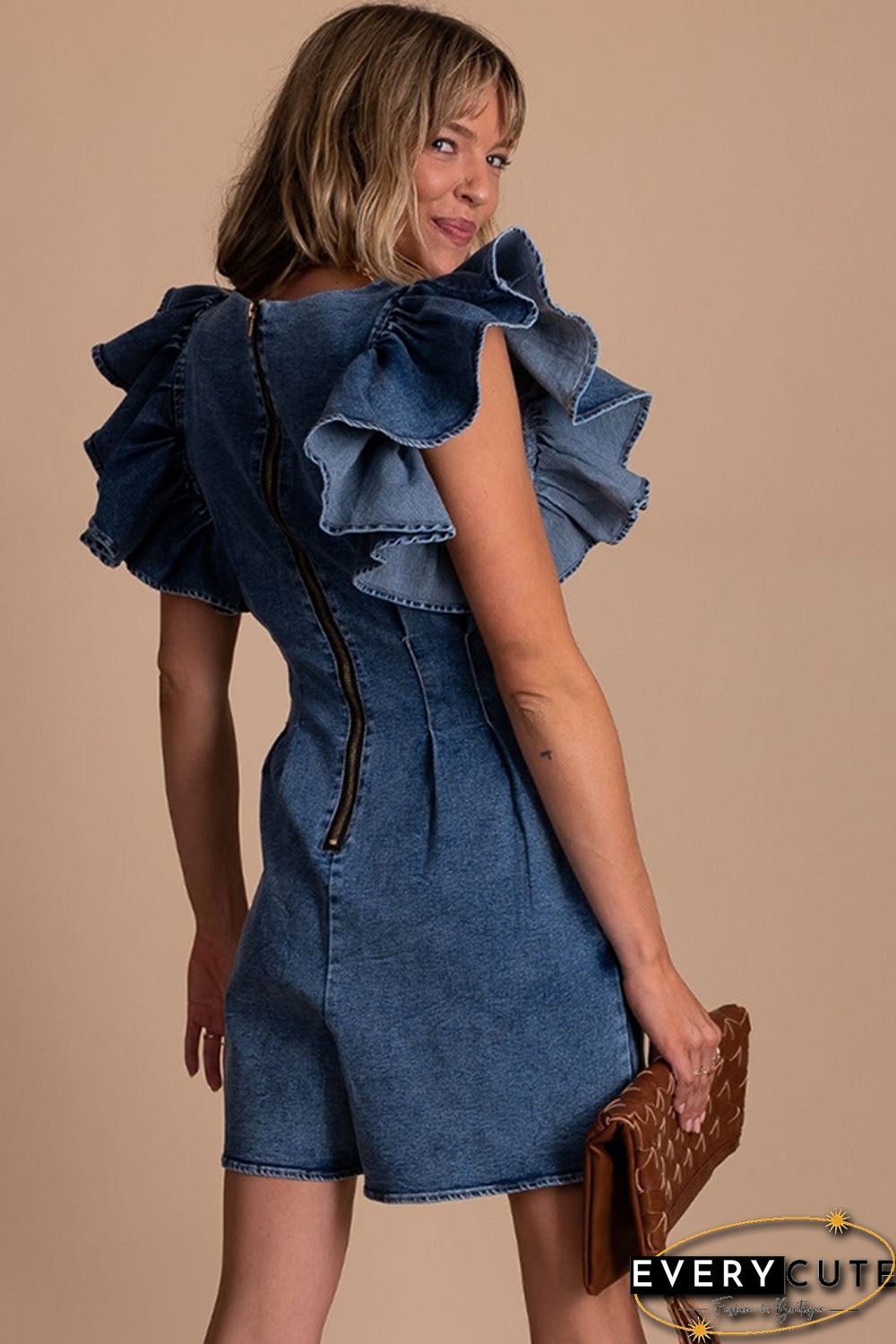Blue Ruffle Pleated Denim Romper with Pockets