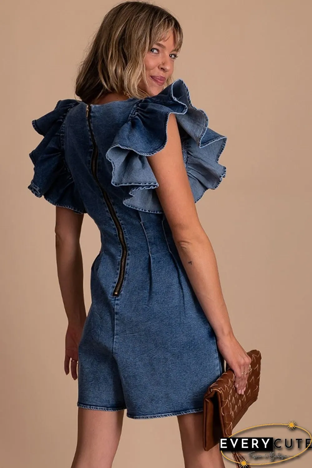 Blue Ruffle Pleated Denim Romper with Pockets