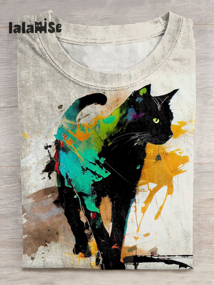 Funny Balck Cat Art Print T - Shirt Multicolor / S
