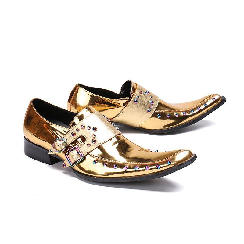 GOOSHOE Mocassin Homme Metallic Blue Leather Shoes Men Round Toe Men Loafers  Leather Studded Mocassin Men Shoes Size 47