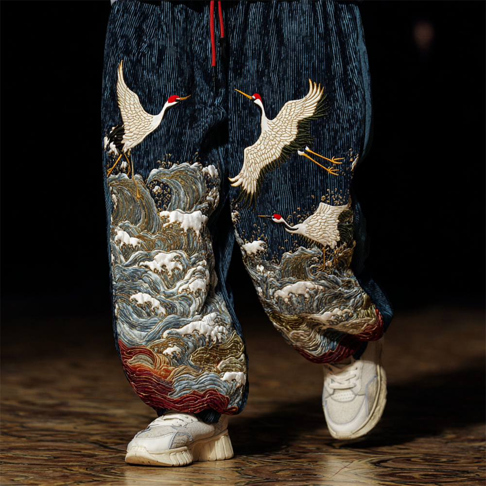 Vintage Japanese Wave & Crane Art Men's Casual Pants  artssus