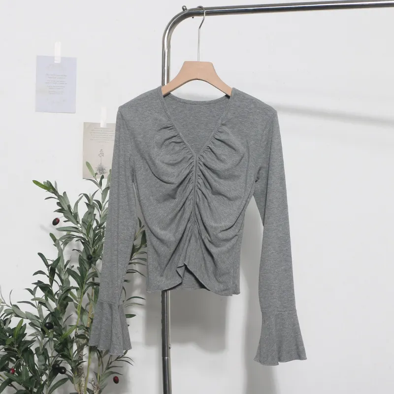 Churchf Real Shooting 2024 Autumn Dress Sexy V-Neck Folded Open Fork Short High-Waisted T-Shirt Horn Long Sleeve Bottom Top 161