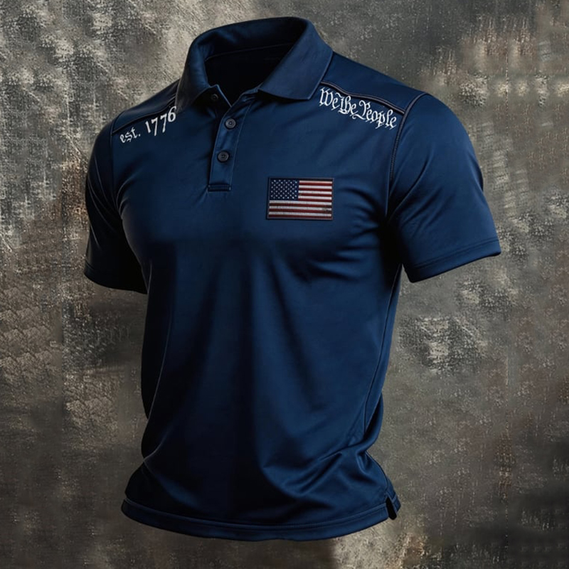 Comstylish Men's Vintage Patriot Color Block Short Sleeve Polo Shirt