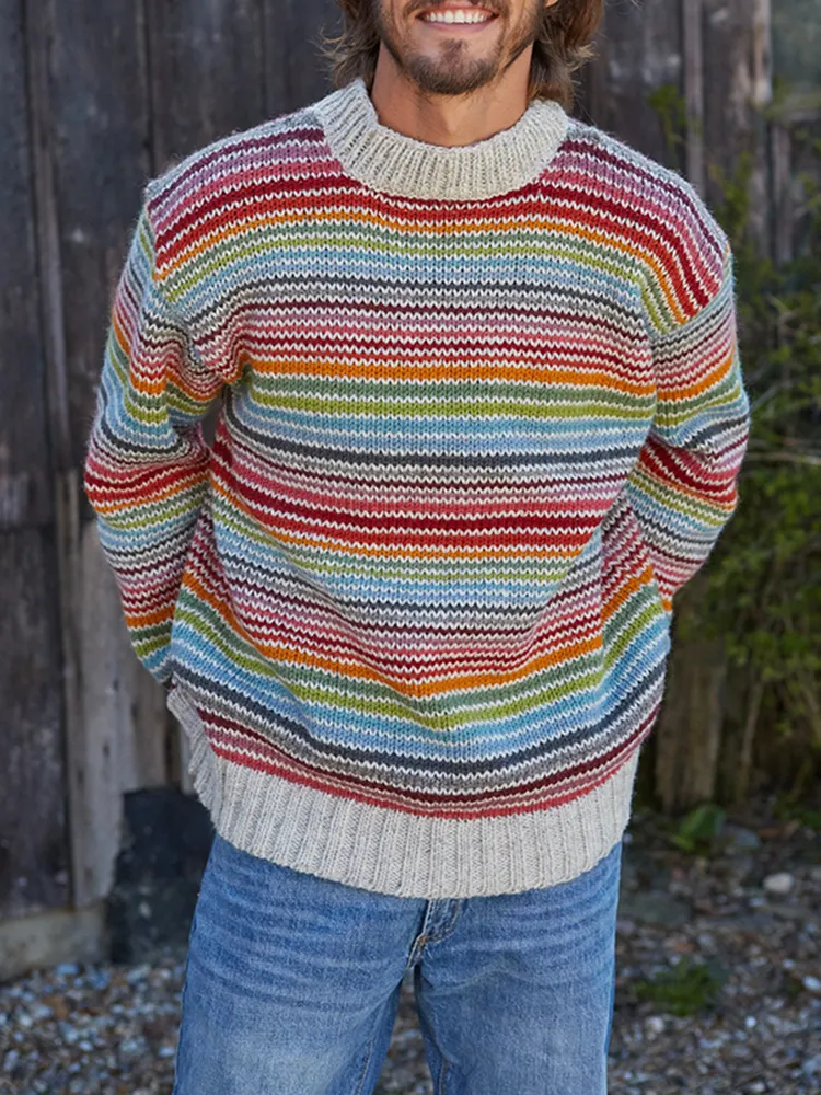 Vintage Rainbow Stripe Knit Jacquard Crew Neck Sweater