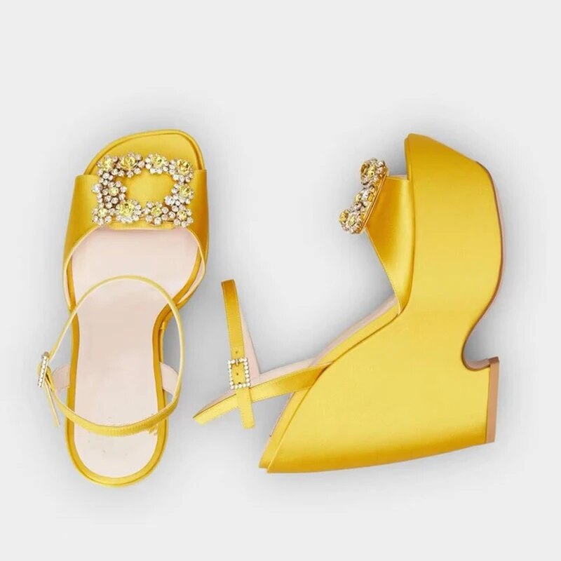 GOOSHOE Bright Satin Square Pearls Ornament Thick Platform Shoes Women's High Wedge Heels Modern Open Toe Denim Sandals