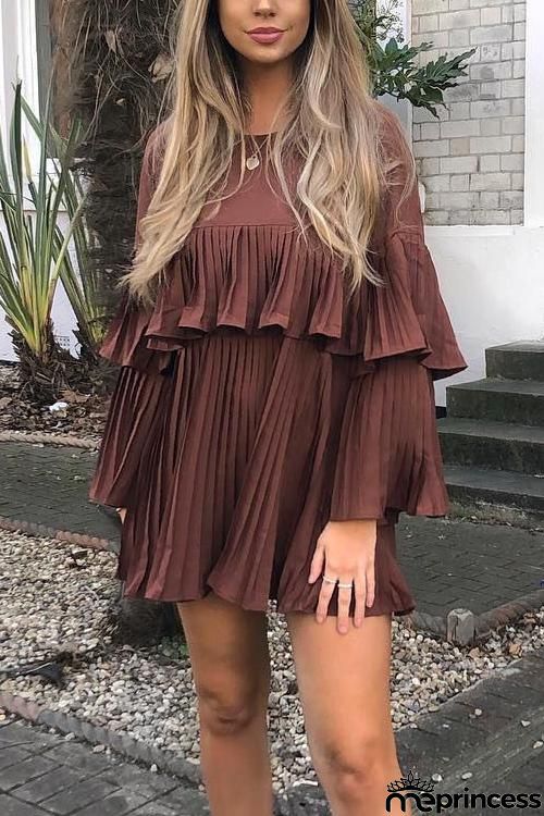 Layer Pleated Long Sleeve Mini Dress