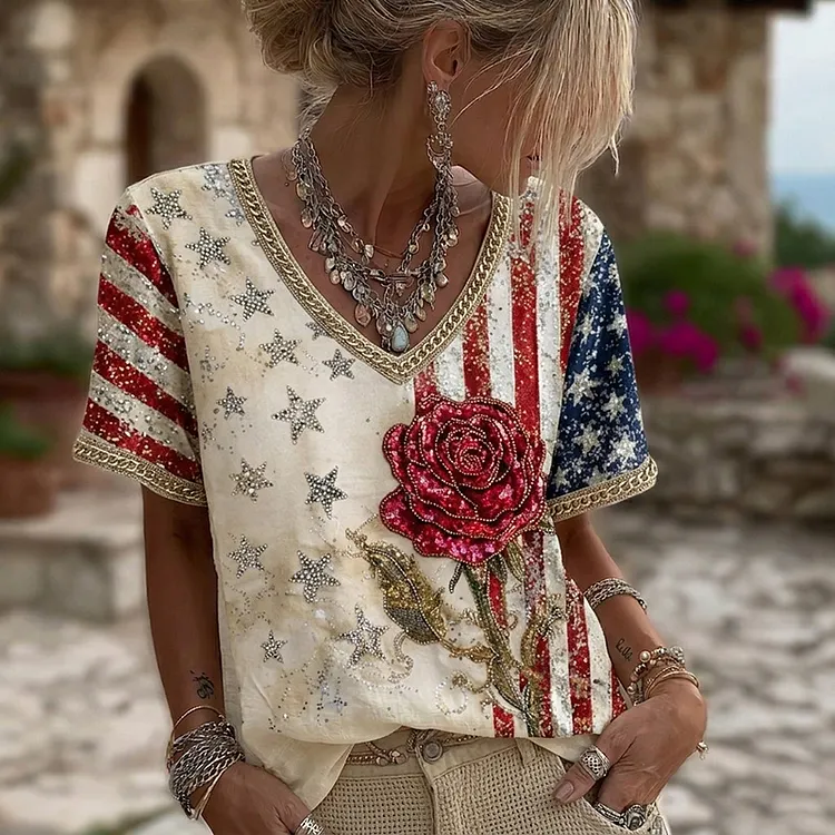 Women's Usa Inspired Floral Linen Blend T-shirt