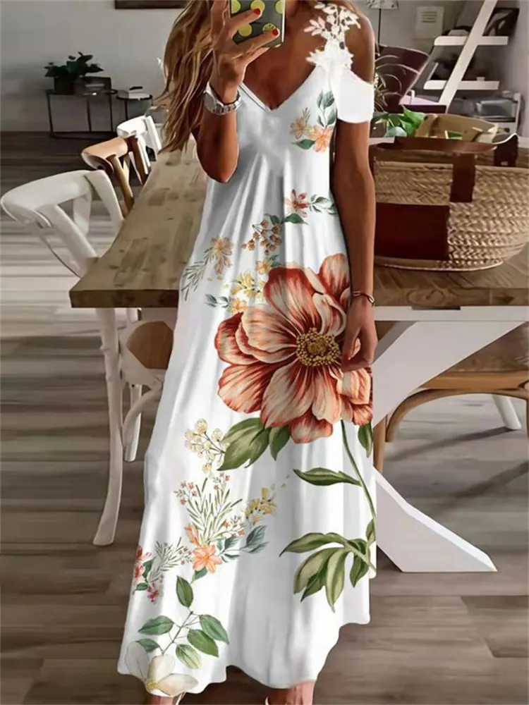 Flowers Print Lace Hollow Shoulder Maxi Dress
