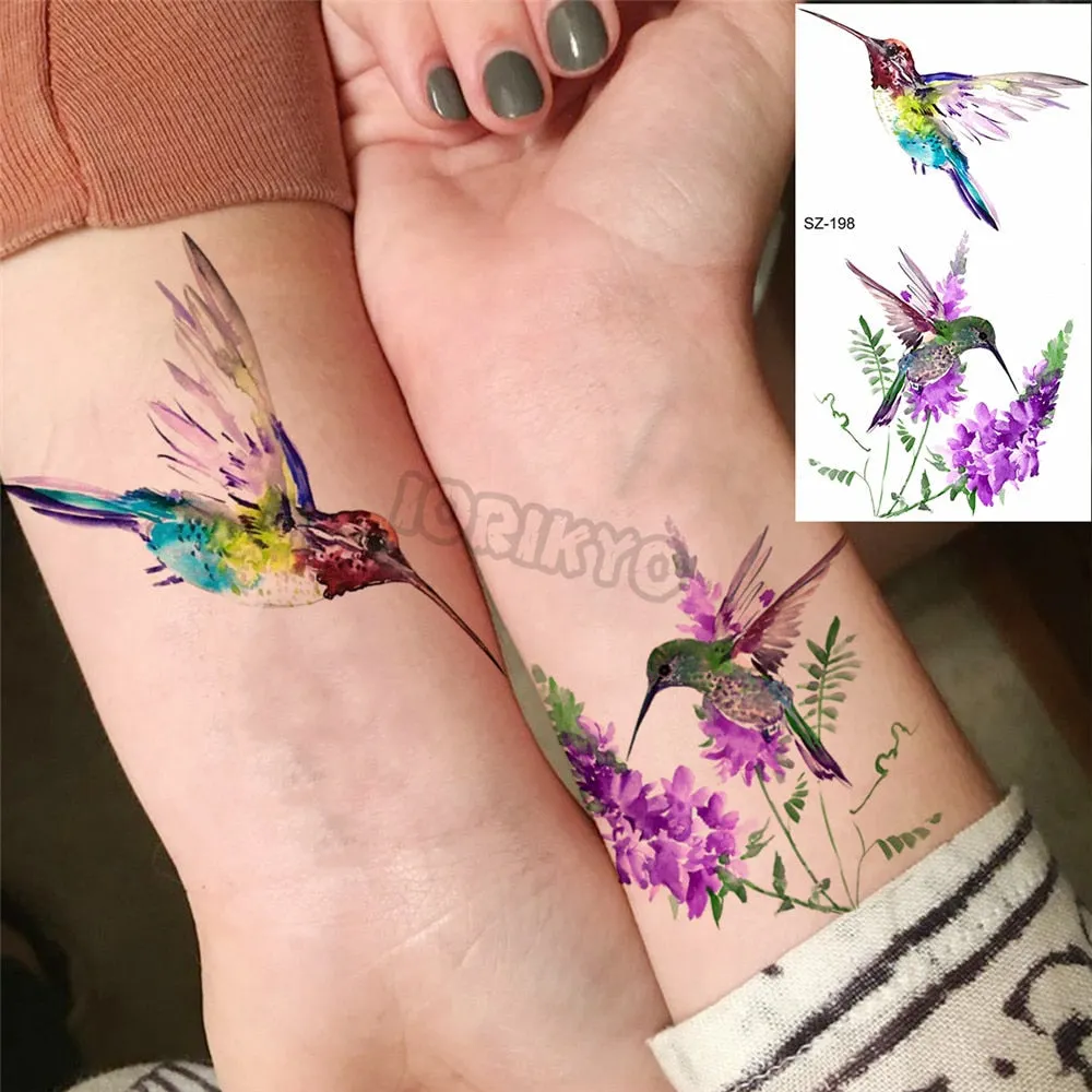 Colorful Dinosaur Temporary Tattoos For Kids Girls Rose Flower Lavender Hummingbird Fake Tattoo Sticker Forearm Neck Tatoos Show