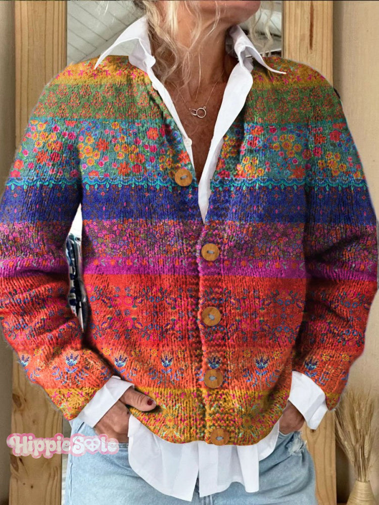 Colorful Stripes Floral Print Buttoned Cardigan Sweater Sweater-1 / S