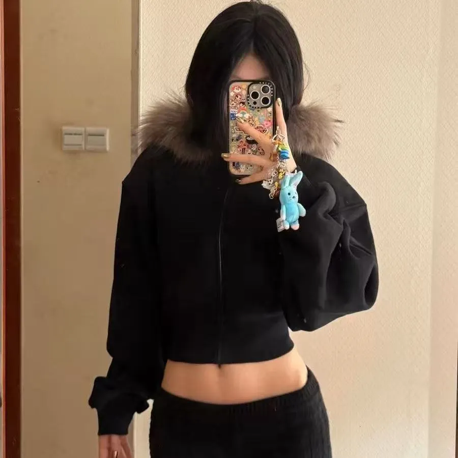 Nigikala Nigikala New Wool Collar Hoodie Jacket Zipper Spring And Autumn Short Design Top Short Coat