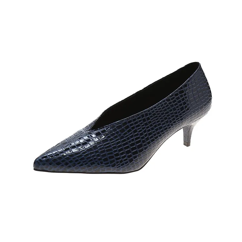 Pointy V-neck Patent-leather Single Women Shoes High Heels Spring Versatile Retro Chunky Single Shoes Zapatos De Mujer Black